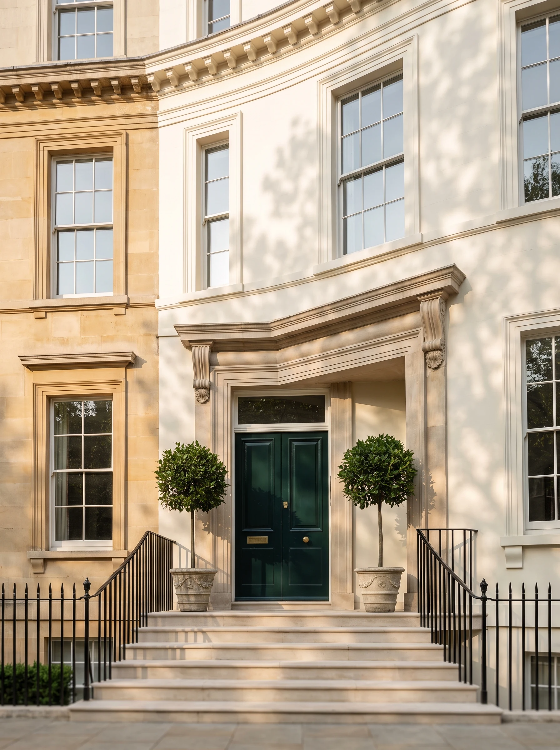 AI-generated restored Georgian townhouse entrance with ivory stucco and bottle-green doors